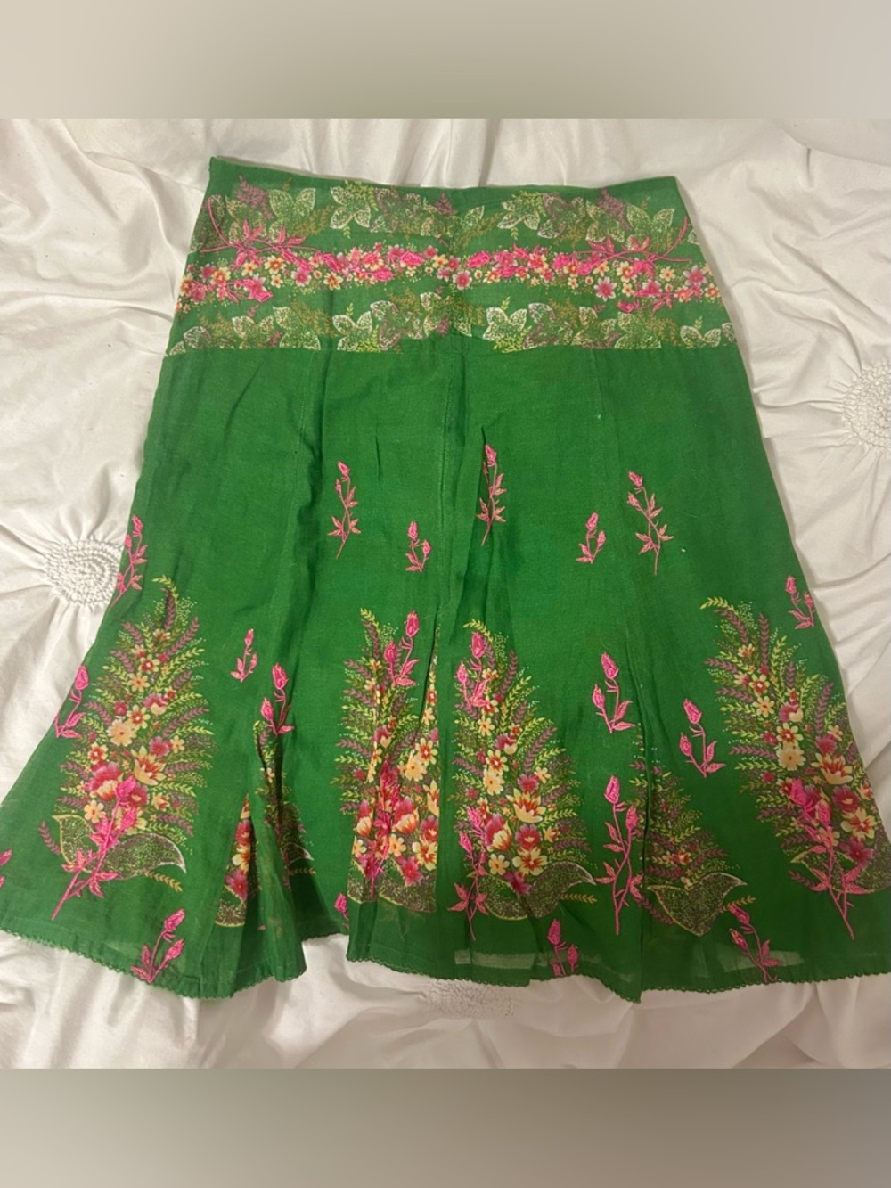 Odille Green Floral Midi Skirt with Pink Accents